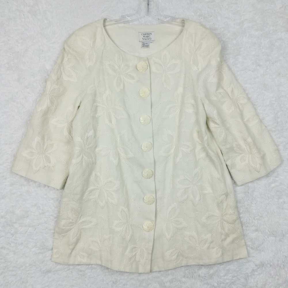 Carmen Marc Valvo Womens Jacket 100% Linen Ivory Embossed Floral Blazer 10